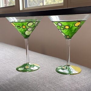 Set of 2 Faux Stained Glass Hand-Painted Molecule Martini Glasses